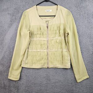 Women's Lime Green Sheer Coquette Ruffle Zip Up Blouse Small Romantic Layered